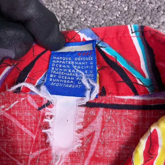 Vintage OP Ocean Pacific Hawaiian Shirt Men's Medium Cotton Red Tropical floral - Picture 6 of 10